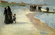 Peter Severin Kroyer en hvid bad i strandkanten, lys sommeraften France oil painting artist